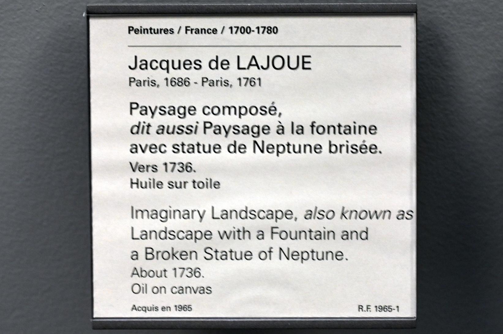 Jacques de Lajoue (1736–1737), Imaginäre Landschaft (Landschaft mit einem Brunnen und einer zerbrochenen Neptunstatue), Paris, Musée du Louvre, Saal 918, um 1736, Bild 2/2
