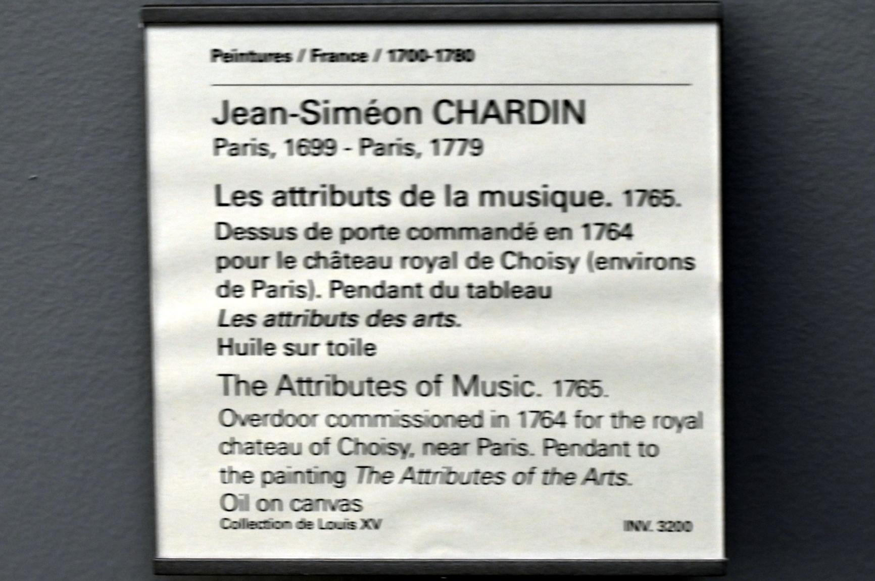 Jean Siméon Chardin (1725–1768), Attribute der Musik, Choisy-le-Roi, Schloss Choisy, jetzt Paris, Musée du Louvre, Saal 919, 1765, Bild 2/2