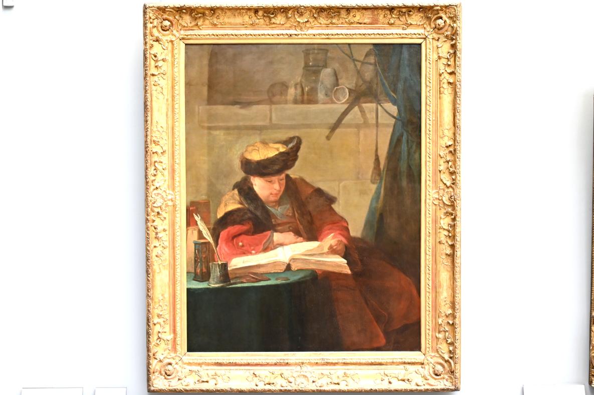 Jean Siméon Chardin (1725–1768), Ein Chemiker in seinem Labor (Porträt des Malers Joseph Aved (1702–1766), Freund des Künstlers), Paris, Musée du Louvre, Saal 919, 1734, Bild 1/2