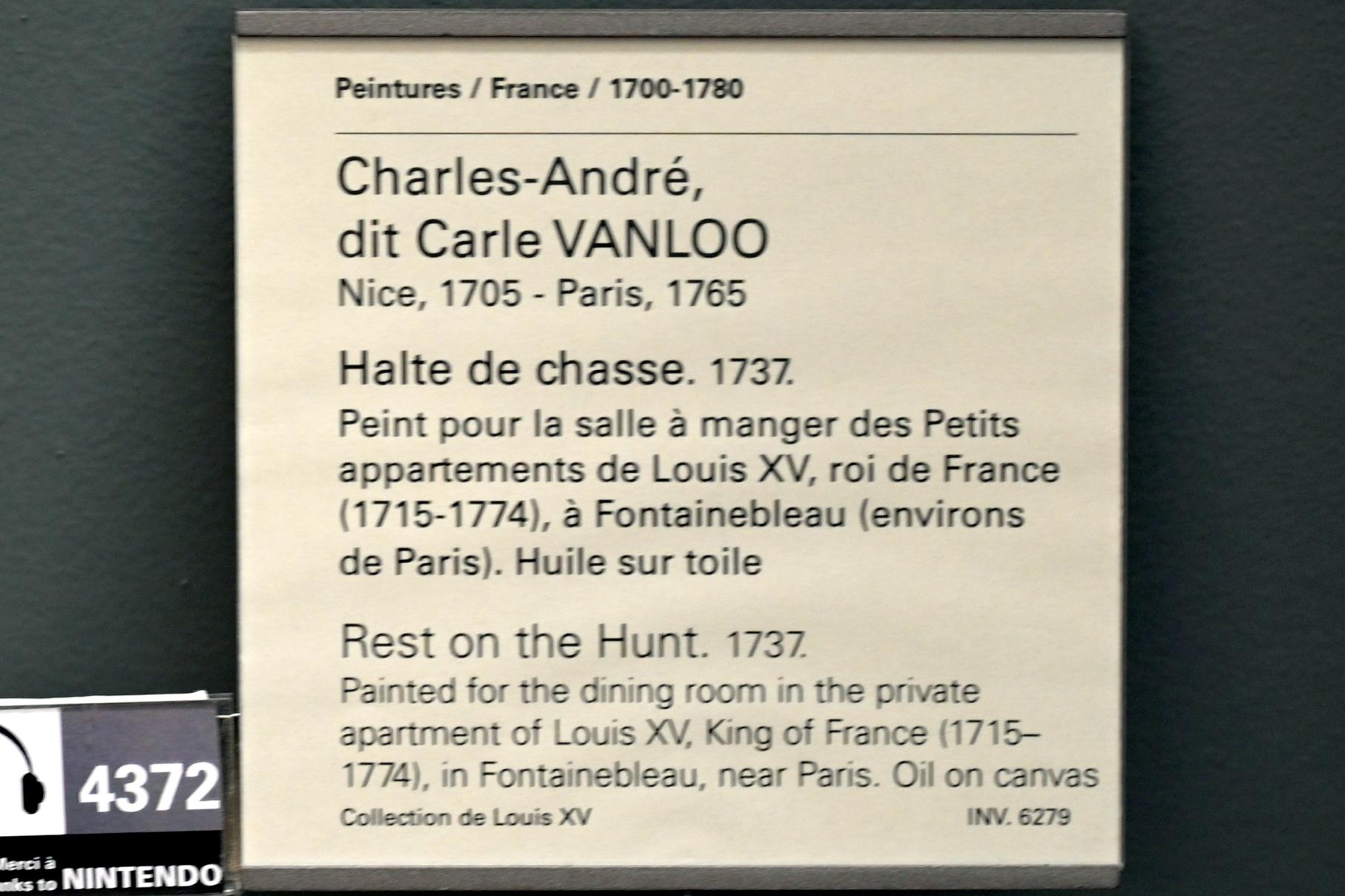 Charles André van Loo (1729–1737), Rast auf der Jagd, Fontainebleau, Schloss Fontainebleau, jetzt Paris, Musée du Louvre, Saal 919, 1737, Bild 2/2