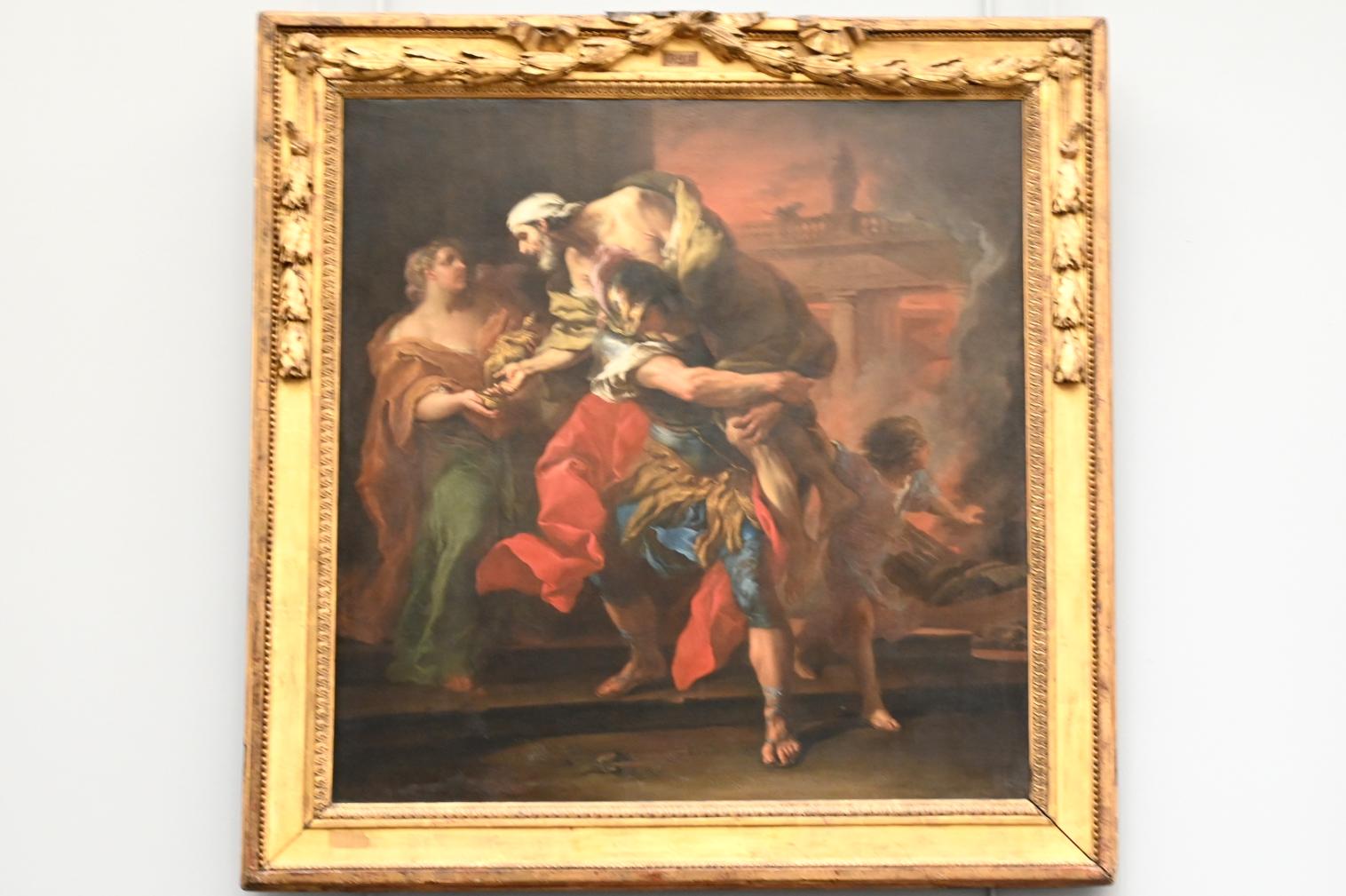 Charles André van Loo (1729–1737), Aeneas rettet seinen Vater Anchises und seinen Sohn Ascanius aus dem brennenden Troja, Paris, Musée du Louvre, Saal 919, 1729