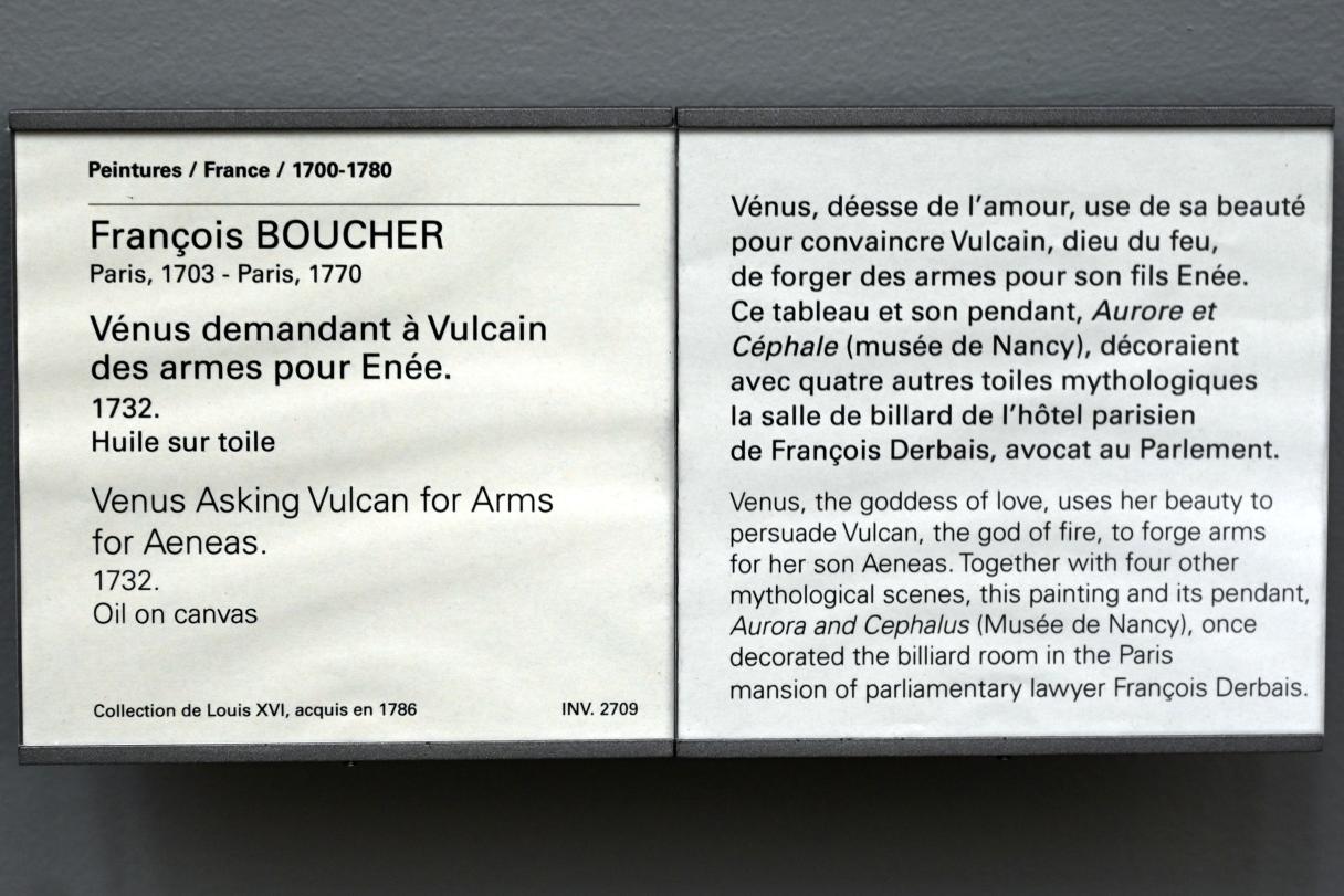 François Boucher (1728–1800), Venus bittet Vulkan um Waffen für Aeneas, Paris, Herrenhaus des François Derbais in der Rue de la Poissonnière, jetzt Paris, Musée du Louvre, Saal 919, 1732, Bild 2/2
