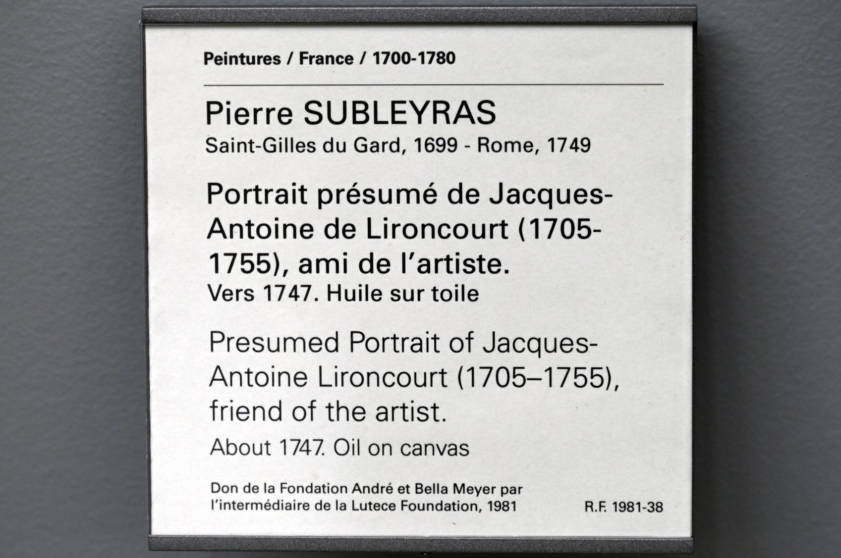Pierre Subleyras (1733–1747), Porträt des Jacques-Antoine de Lironcourt (1705–1755) ?, Freund des Künstlers, Paris, Musée du Louvre, Saal 919, um 1747, Bild 2/2