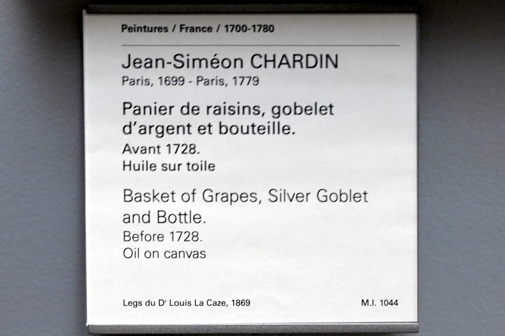 Jean Siméon Chardin (1725–1768), Traubenkorb, silberner Kelch und Flasche, Paris, Musée du Louvre, Saal 920, vor 1728, Bild 2/2