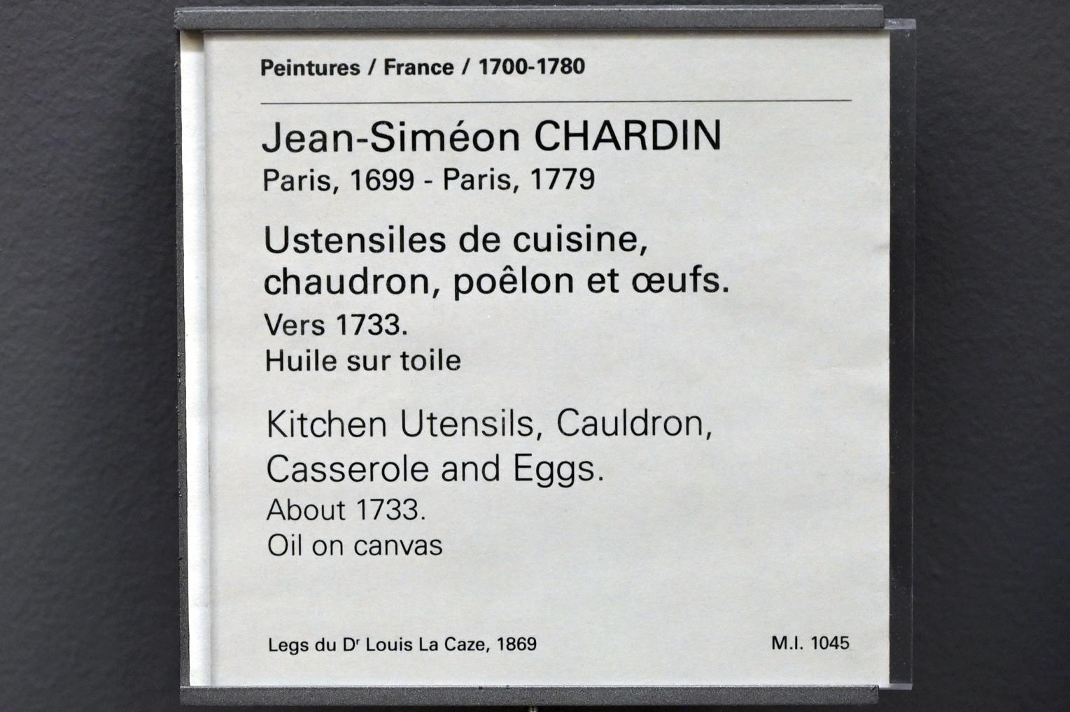 Jean Siméon Chardin (1725–1768), Küchenutensilien, Kessel, Pfanne und Eier, Paris, Musée du Louvre, Saal 920, um 1733, Bild 2/2