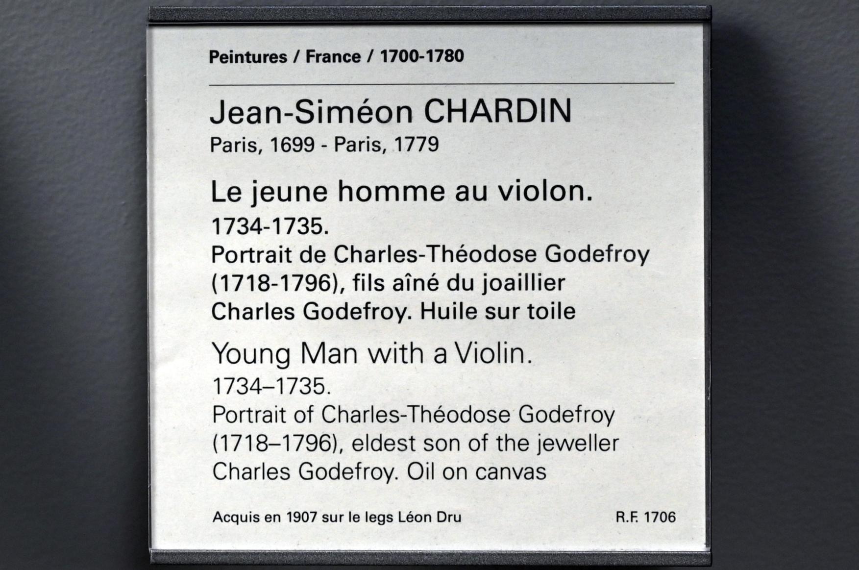 Jean Siméon Chardin (1725–1768), Junger Mann mit Violine (Porträt von Charles-Théodose Godefroy (1718-1796), ältester Sohn des Juweliers Charles Godefroy), Paris, Musée du Louvre, Saal 920, 1734–1735, Bild 2/2