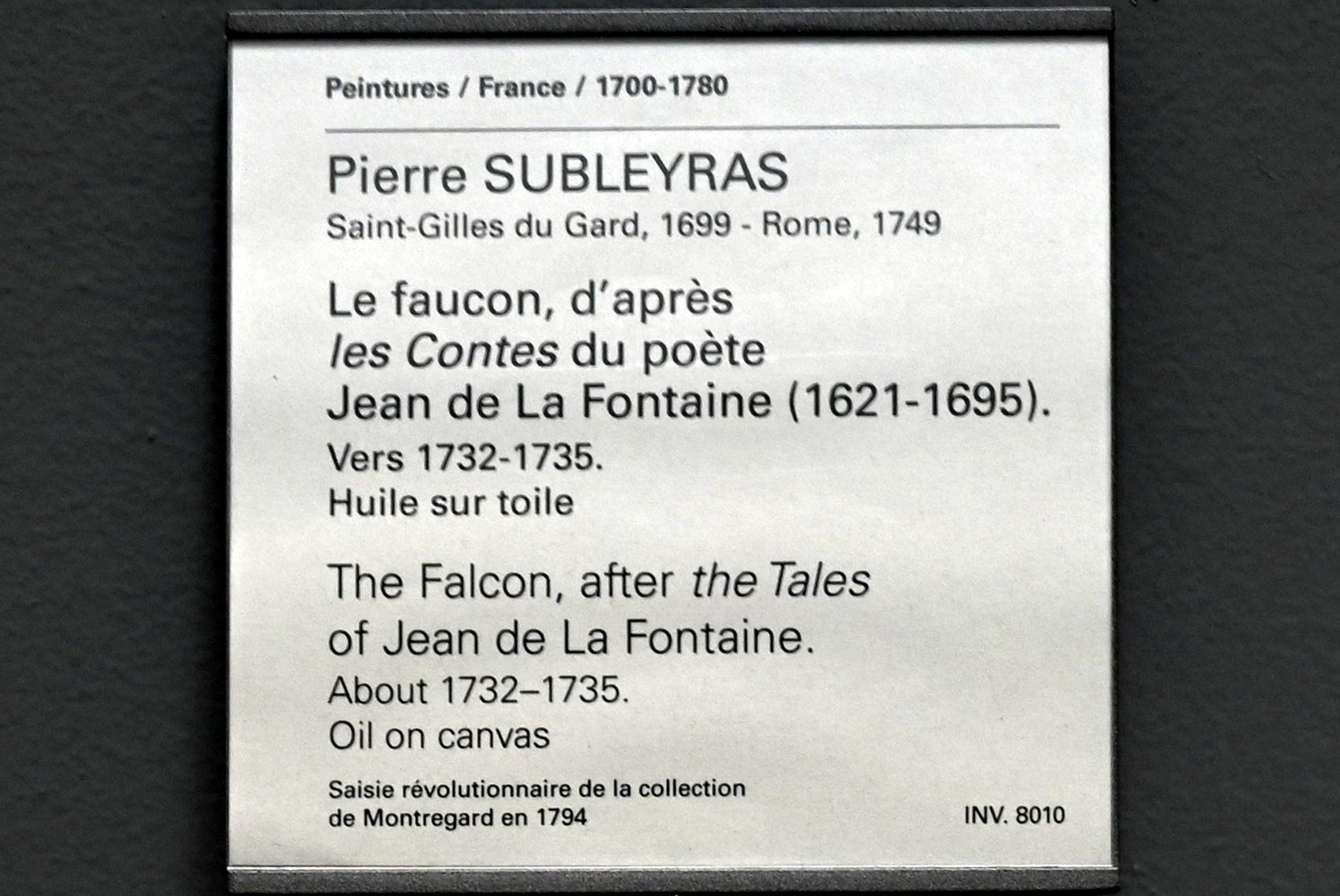 Pierre Subleyras (1733–1747), Der Falke, aus den Erzählungen des Dichters Jean de La Fontaine (1621-1695), Paris, Musée du Louvre, Saal 921, um 1732–1735, Bild 2/2