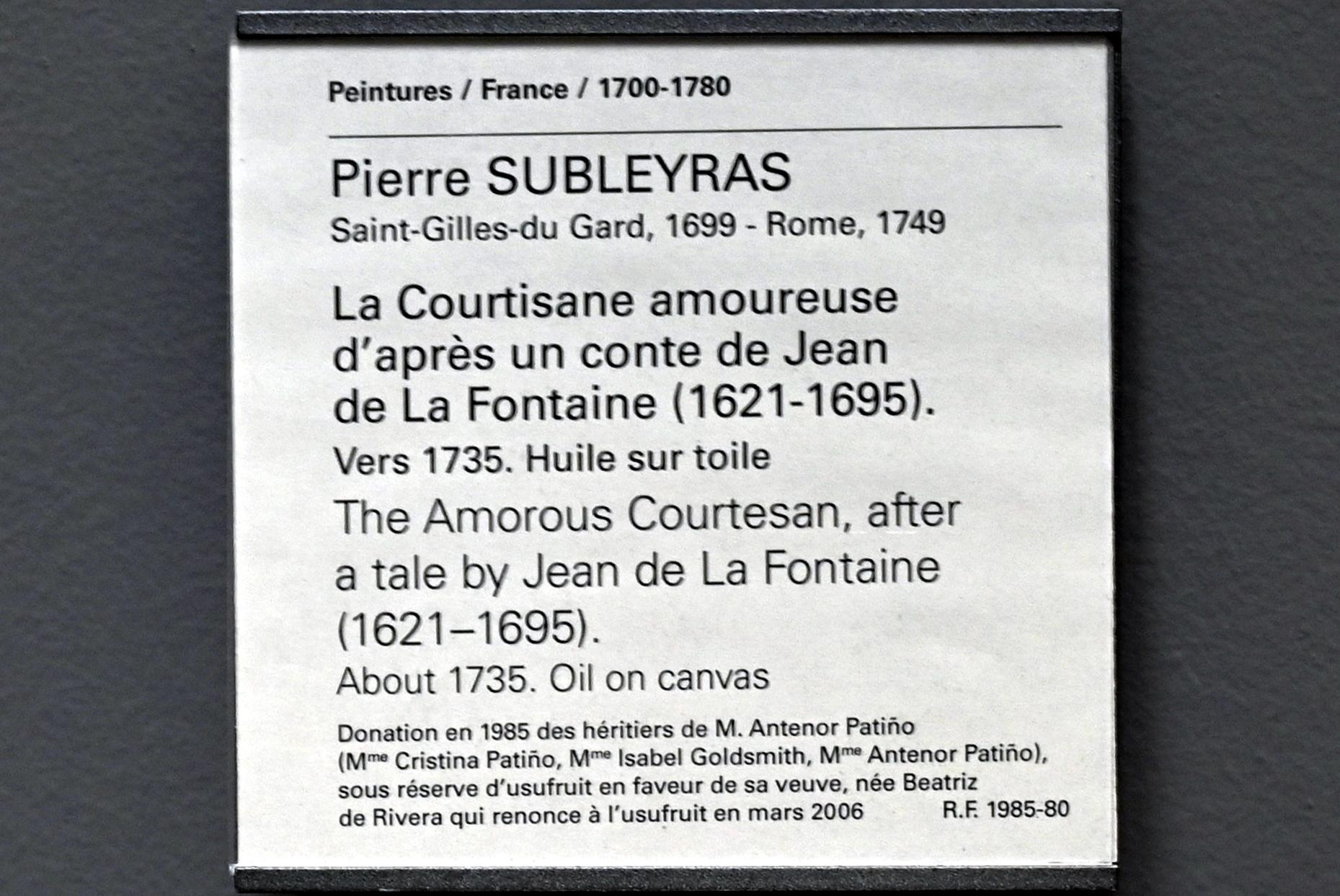 Pierre Subleyras (1733–1747), Die verliebte Kurtisane, aus den Erzählungen des Dichters Jean de La Fontaine (1621-1695), Paris, Musée du Louvre, Saal 921, um 1735, Bild 2/2