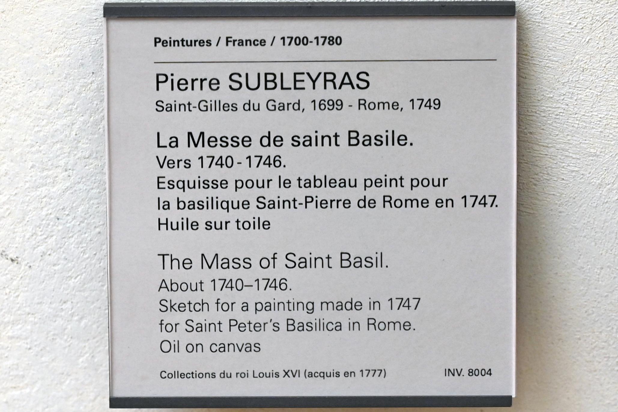 Pierre Subleyras (1733–1747), Messe des heiligen Basilius des Großen, Rom, Basilika Sankt Peter im Vatikan, jetzt Paris, Musée du Louvre, Saal 924, um 1740–1746, Bild 2/2