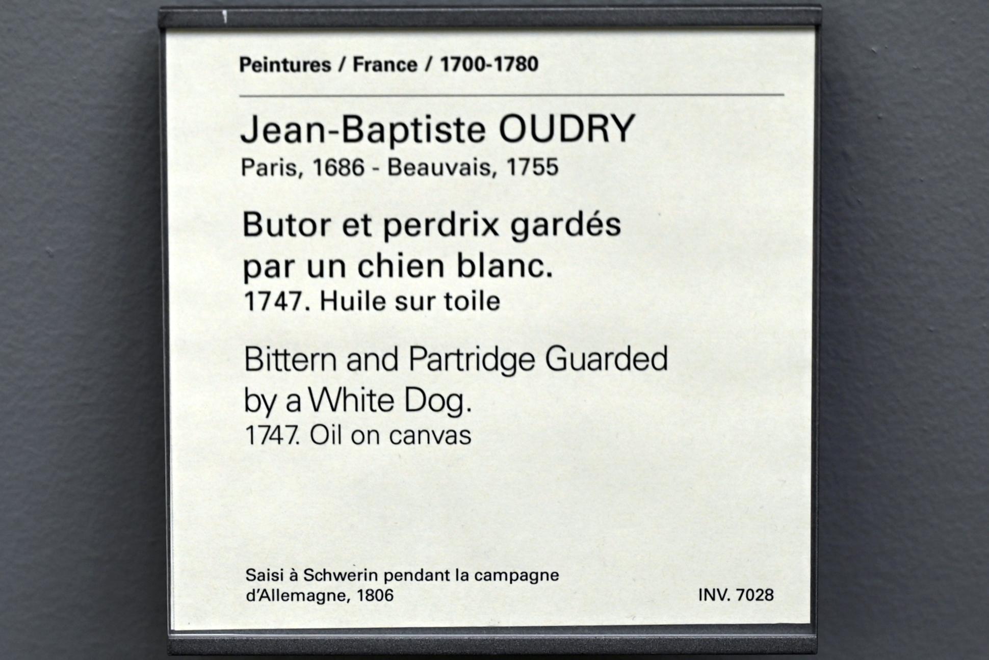 Jean-Baptiste Oudry (1724–1753), Rohrdommel und Rebhuhn, bewacht von einem weißen Hund, Paris, Musée du Louvre, Saal 927, 1747, Bild 2/2