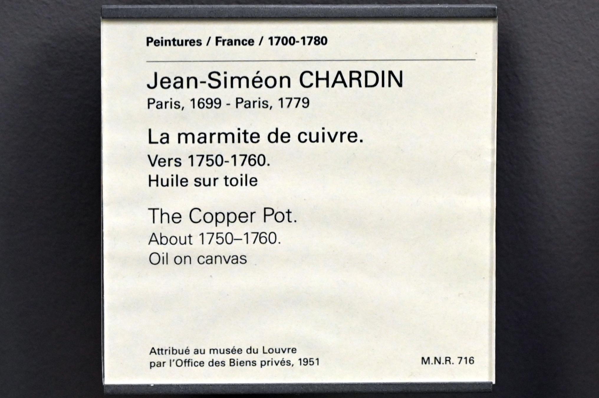 Jean Siméon Chardin (1725–1768), Der Kupfertopf, Paris, Musée du Louvre, Saal 928, um 1750–1760, Bild 2/2