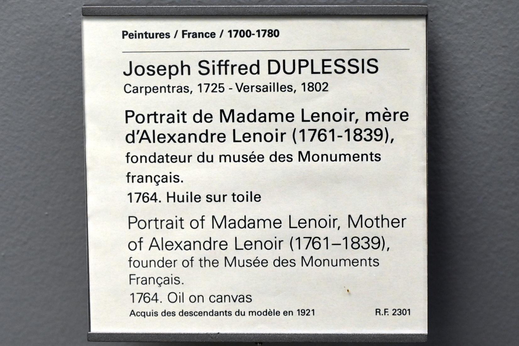 Joseph Siffred Duplessis (1764–1784), Porträt der Madame Lenoir, Mutter von Alexandre Lenoir (1761-1839), dem Gründer des Museums für französische Denkmäler, Paris, Musée du Louvre, Saal 928, 1764, Bild 2/2