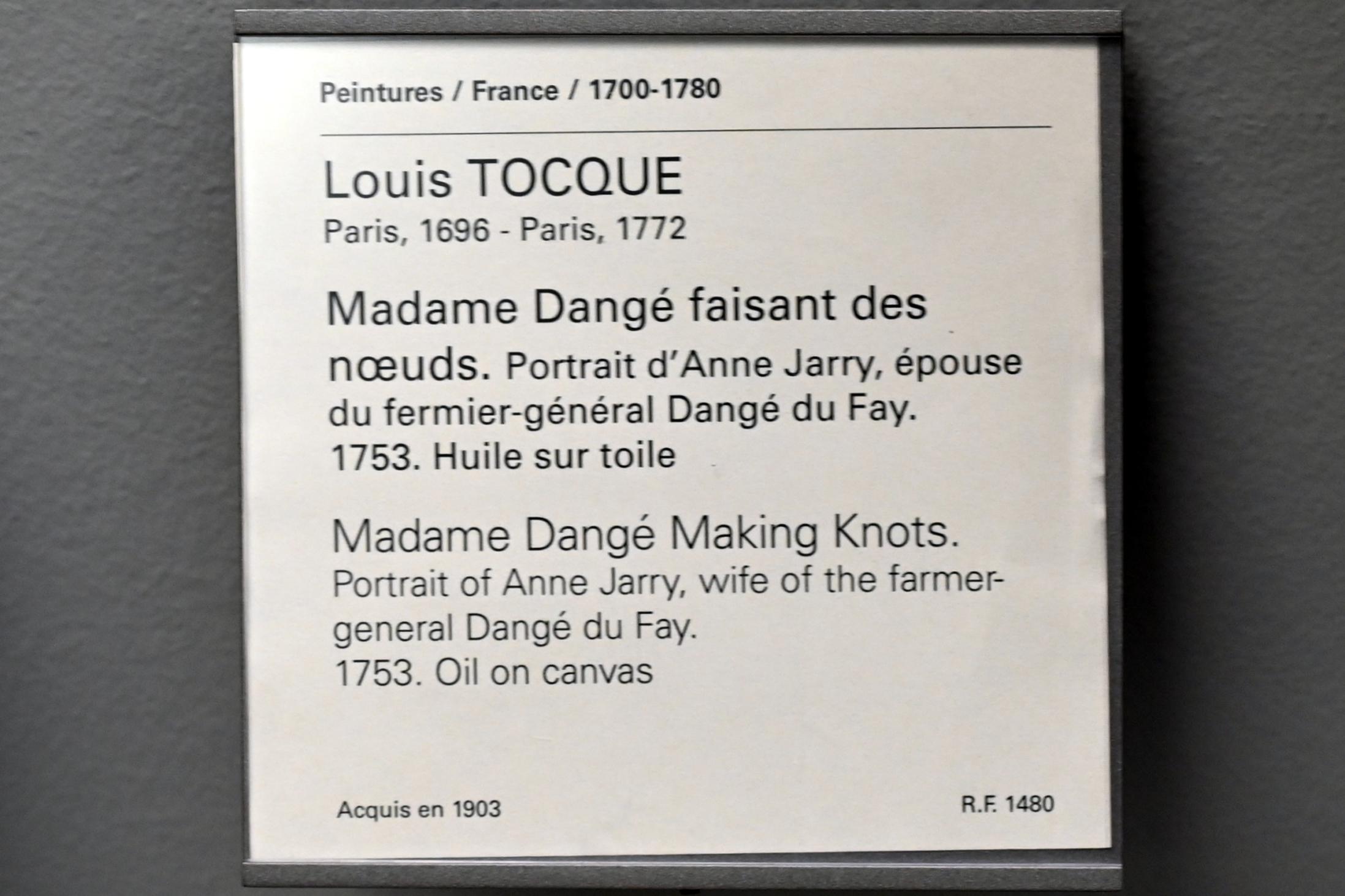Louis Tocqué (1740–1753), Porträt der Madame Dange, geborene Anne Jarry, Ehefrau von Farmer-General Dangé du Fay, beim Knotenknüpfen, Paris, Musée du Louvre, Saal 928, 1753, Bild 2/2