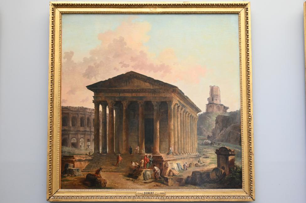 Hubert Robert (1759–1803), Die Maison Carrée, das Amphitheater und der Tour Magne in Nîmes, Paris, Musée du Louvre, Saal 929, 1787
