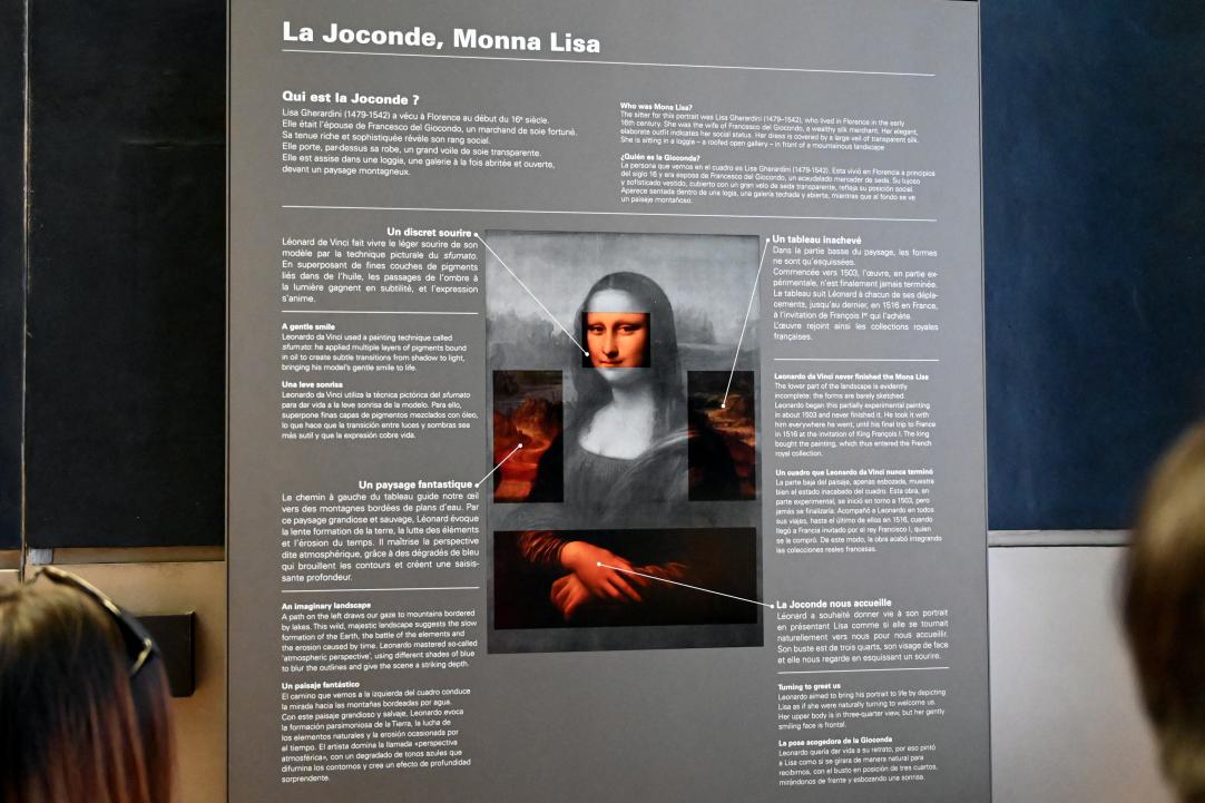 Leonardo da Vinci (1475–1513), Porträt der Lisa Gherardini, Ehefrau des Francesco del Giocondo, bekannt als Mona Lisa bzw. La Gioconda (französisch la Joconde), Paris, Musée du Louvre, Saal 711, um 1503–1519, Bild 4/4