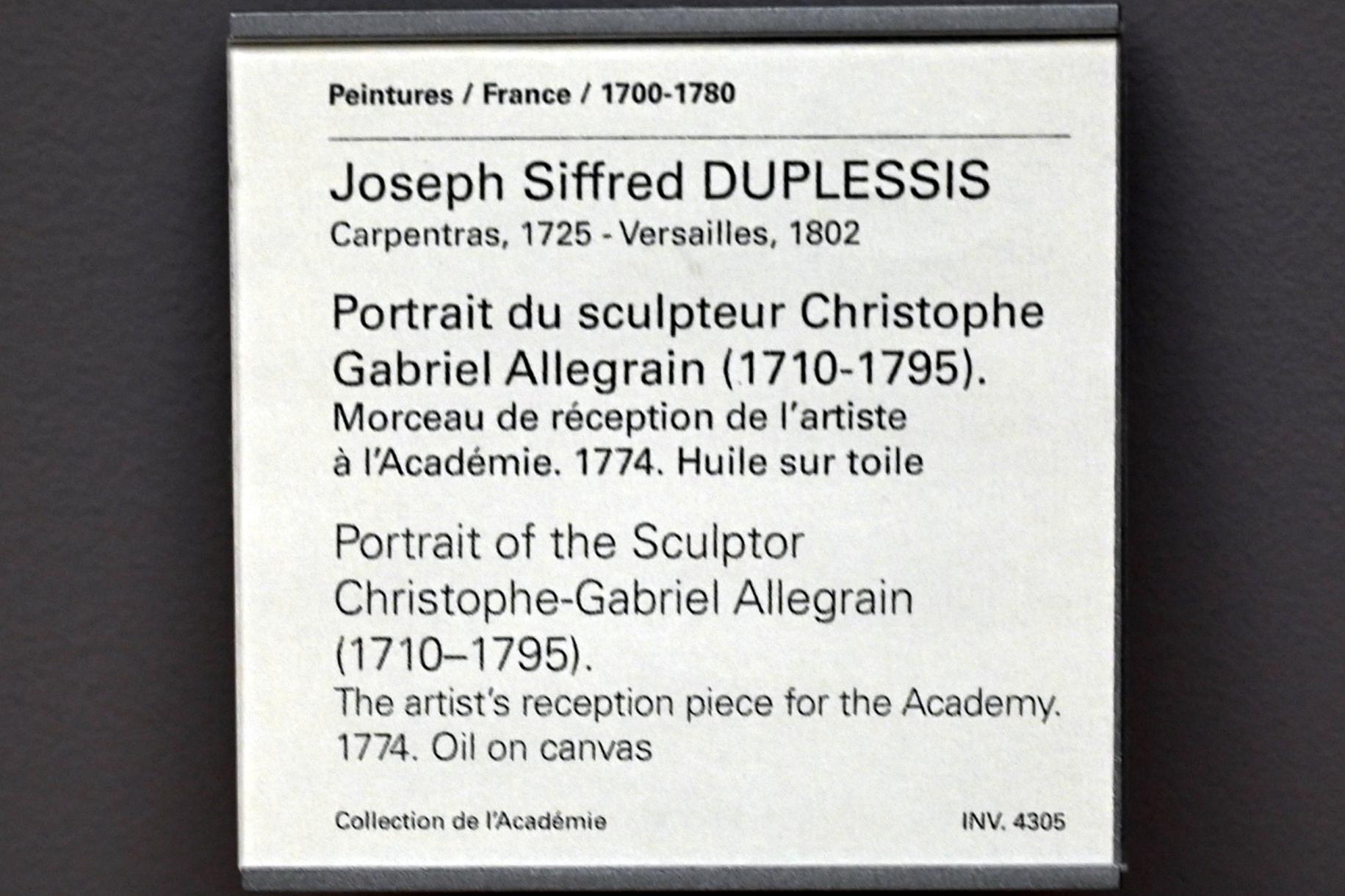 Joseph Siffred Duplessis (1764–1784), Porträt des Bildhauers Christophe-Gabriel Allegrain (1710-1795), Paris, Musée du Louvre, Saal 932, 1774, Bild 2/2