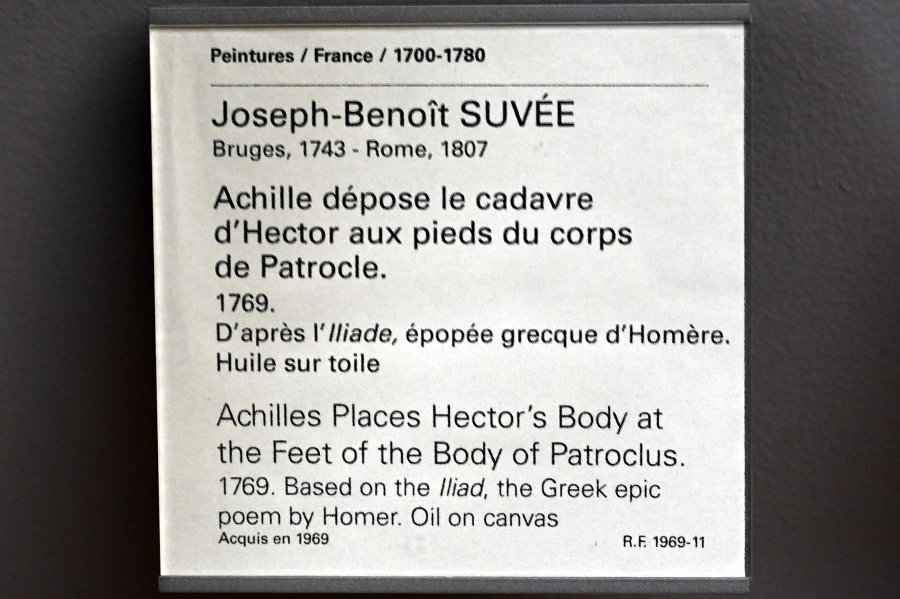 Joseph-Benoît Suvée (1769–1790), Achilleus legt den Leichnam Hektors dem Leichnam des Patroklos zu Füßen, Paris, Musée du Louvre, Saal 932, 1769, Bild 2/2