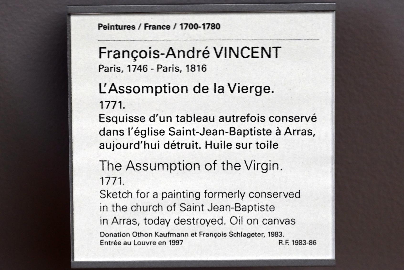 François-André Vincent (1770–1804), Himmelfahrt Mariens, Arras, Kirche St. Johannes der Täufer, jetzt Paris, Musée du Louvre, Saal 932, 1771, Bild 2/2