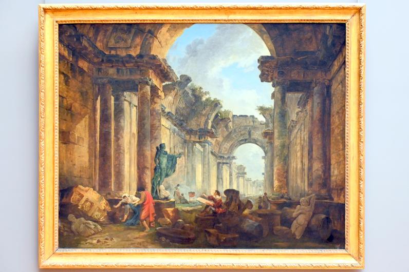 Hubert Robert (1759–1803), Imaginärer Blick auf die in Trümmern liegende Grande Galerie des Louvre, Paris, Musée du Louvre, Saal 932, 1796, Bild 1/2