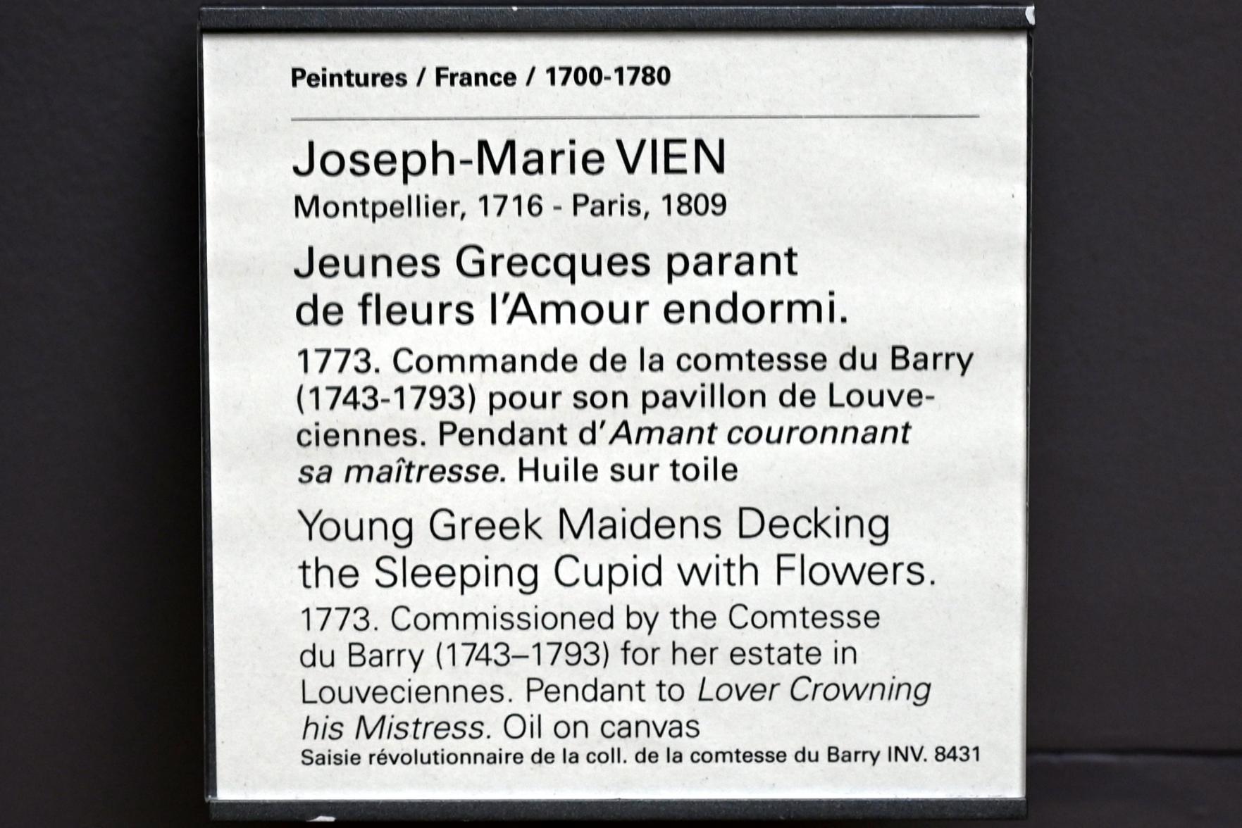 Joseph-Marie Vien (1750–1786), Junge griechische Mädchen schmücken den schlafenden Amor mit Blumen, Louveciennes, Château de Madame du Barry, jetzt Paris, Musée du Louvre, Saal 933, 1773, Bild 2/2
