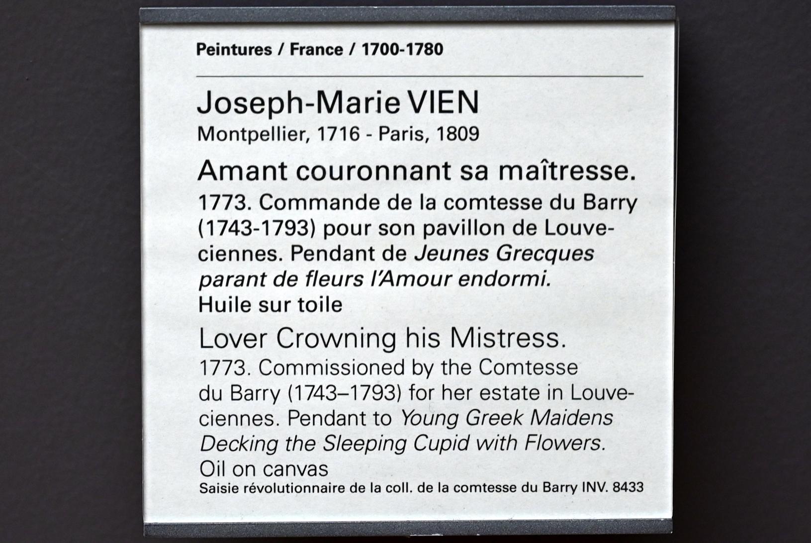 Joseph-Marie Vien (1750–1786), Liebhaber schmückt seine Geliebte, Louveciennes, Château de Madame du Barry, jetzt Paris, Musée du Louvre, Saal 933, 1773, Bild 2/2