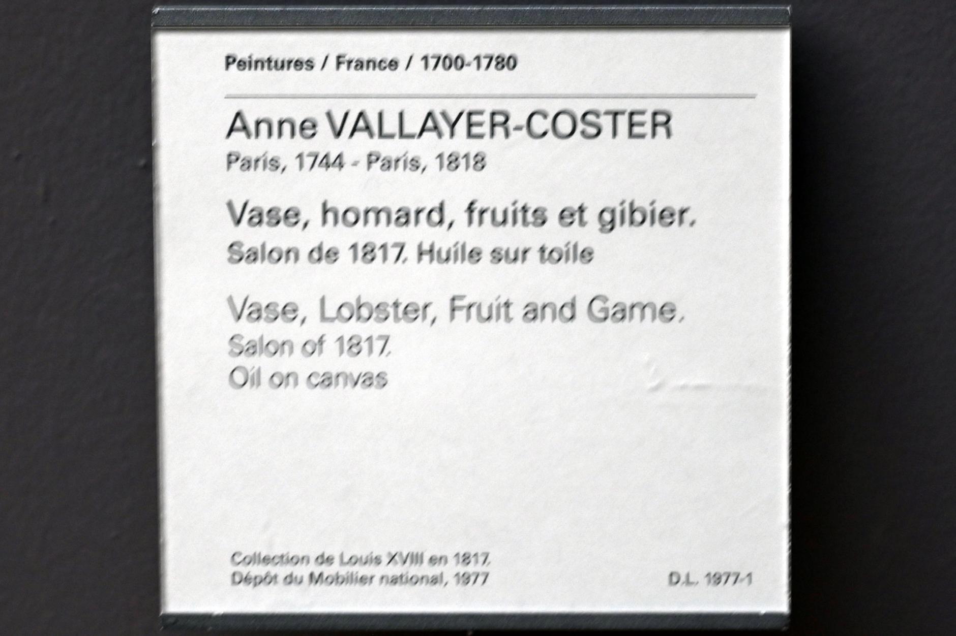 Anne Vallayer-Coster (1767–1816), Vase, Hummer, Obst und Wild, Paris, Musée du Louvre, Saal 933, vor 1817, Bild 2/2