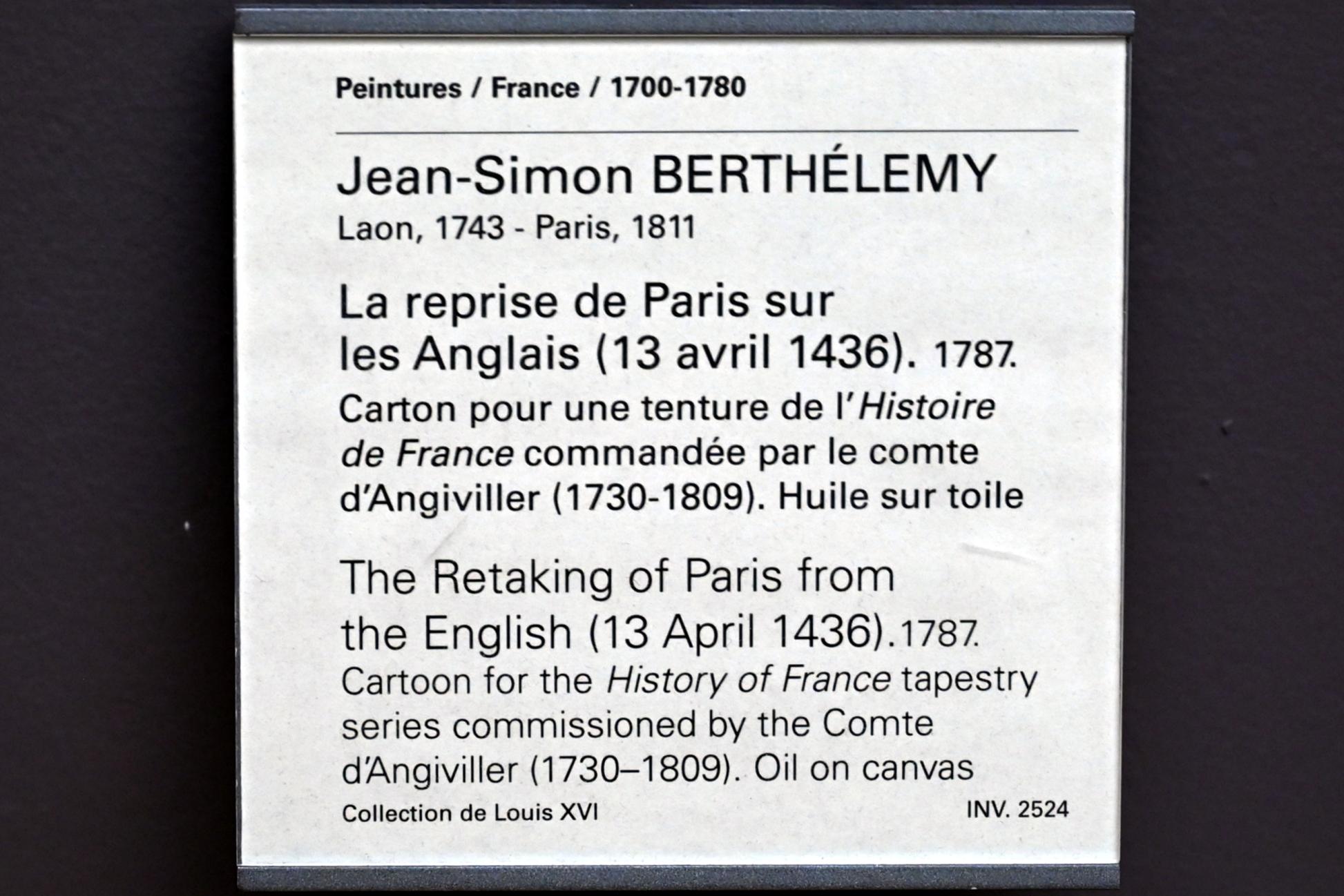 Jean-Simon Berthélemy (1784–1787), Die Rückeroberung von Paris aus den Händen der Engländer (13. April 1436), Paris, Musée du Louvre, Saal 933, 1787, Bild 2/2