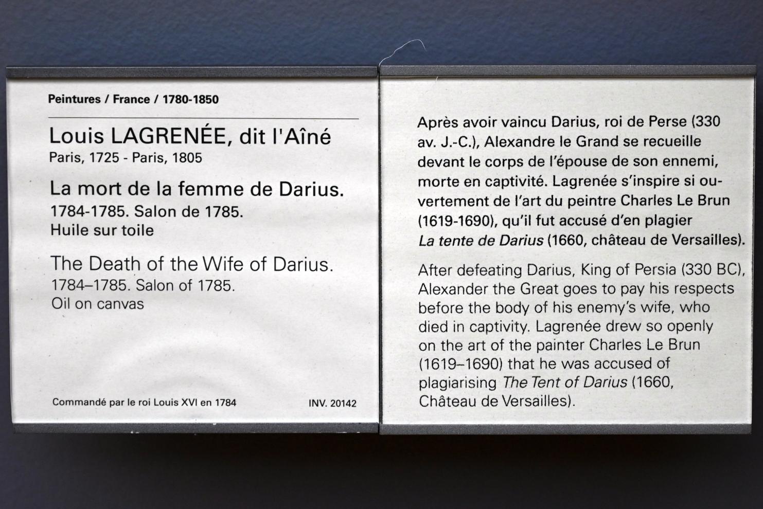 Louis Jean François Lagrenée (1764–1784), Der Tod der Ehefrau des Königs Darius, Paris, Musée du Louvre, Saal 934, 1784–1785, Bild 2/2