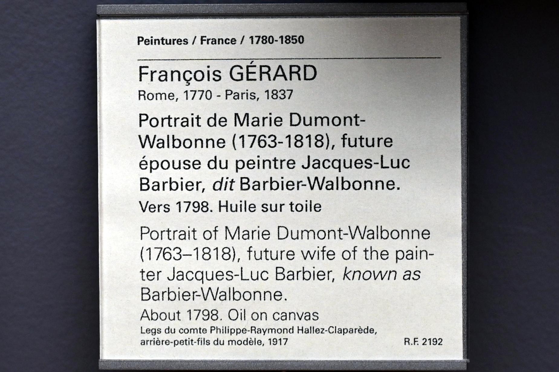 François Gérard (1794–1824), Porträt der Marie Dumont-Walbonne (1763-1818), spätere Ehefrau des Malers Jacques-Luc Barbier, bekannt als Barbier-Walbonne, Paris, Musée du Louvre, Saal 935, um 1798, Bild 2/2