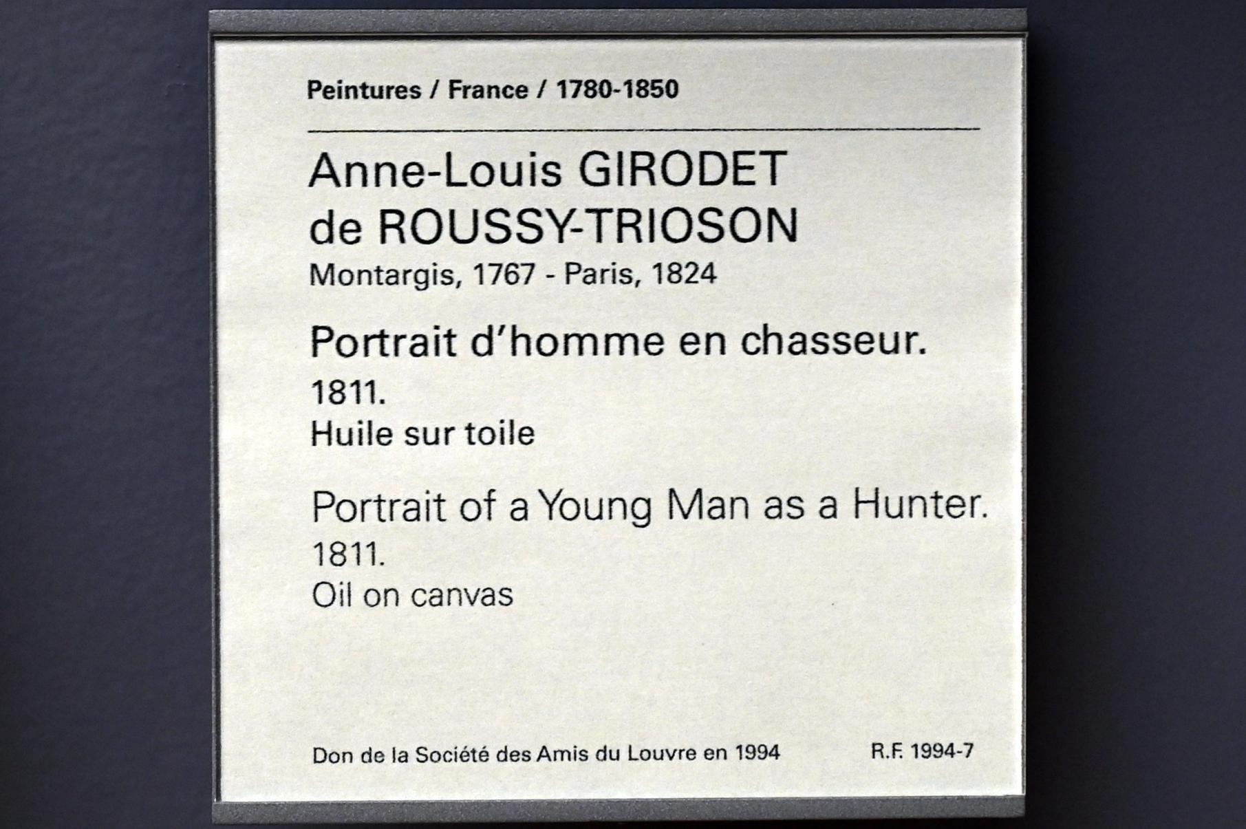 Anne-Louis Girodet-Trioson (1791–1811), Porträt eines jungen Mannes als Jäger, Paris, Musée du Louvre, Saal 935, 1811, Bild 2/2