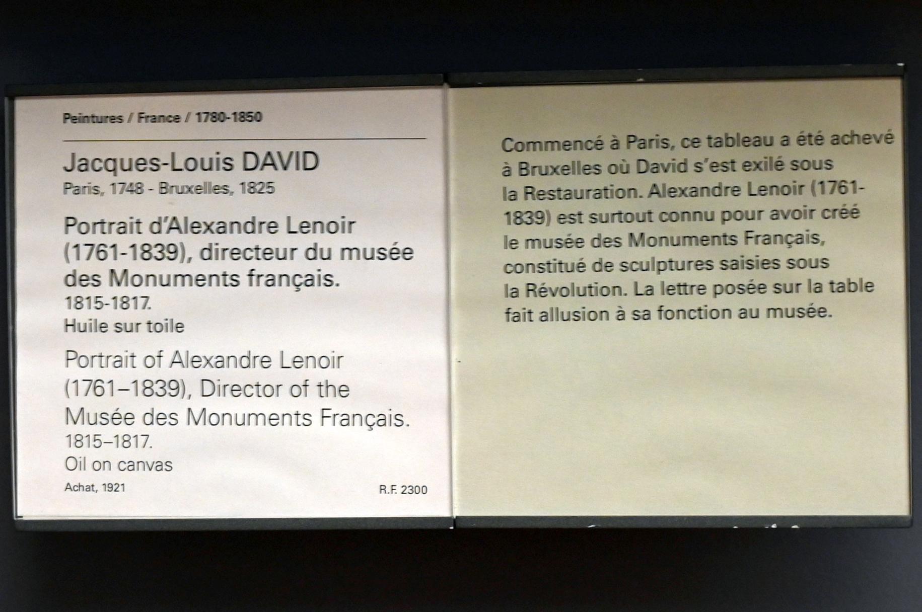 Jacques-Louis David (1782–1824), Porträt des Alexandre Lenoir (1761-1839), Direktor des Museums für französische Denkmäler, Paris, Musée du Louvre, Saal 935, 1815–1817, Bild 2/2