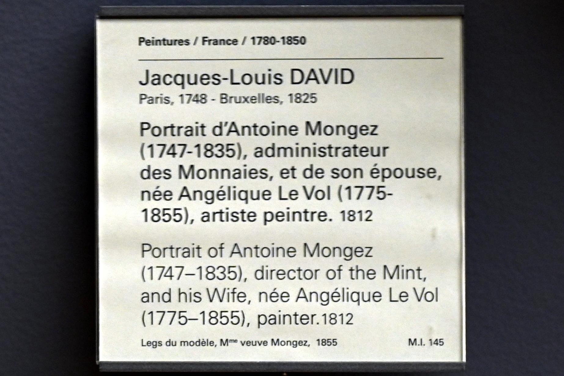 Jacques-Louis David (1782–1824), Porträt des Antoine Mongez (1747–1835), Verwalter der Münzstätten, und seiner Frau, geborene Angélique Le Vol (1775–1855), Malerin, Paris, Musée du Louvre, Saal 935, 1812, Bild 2/2