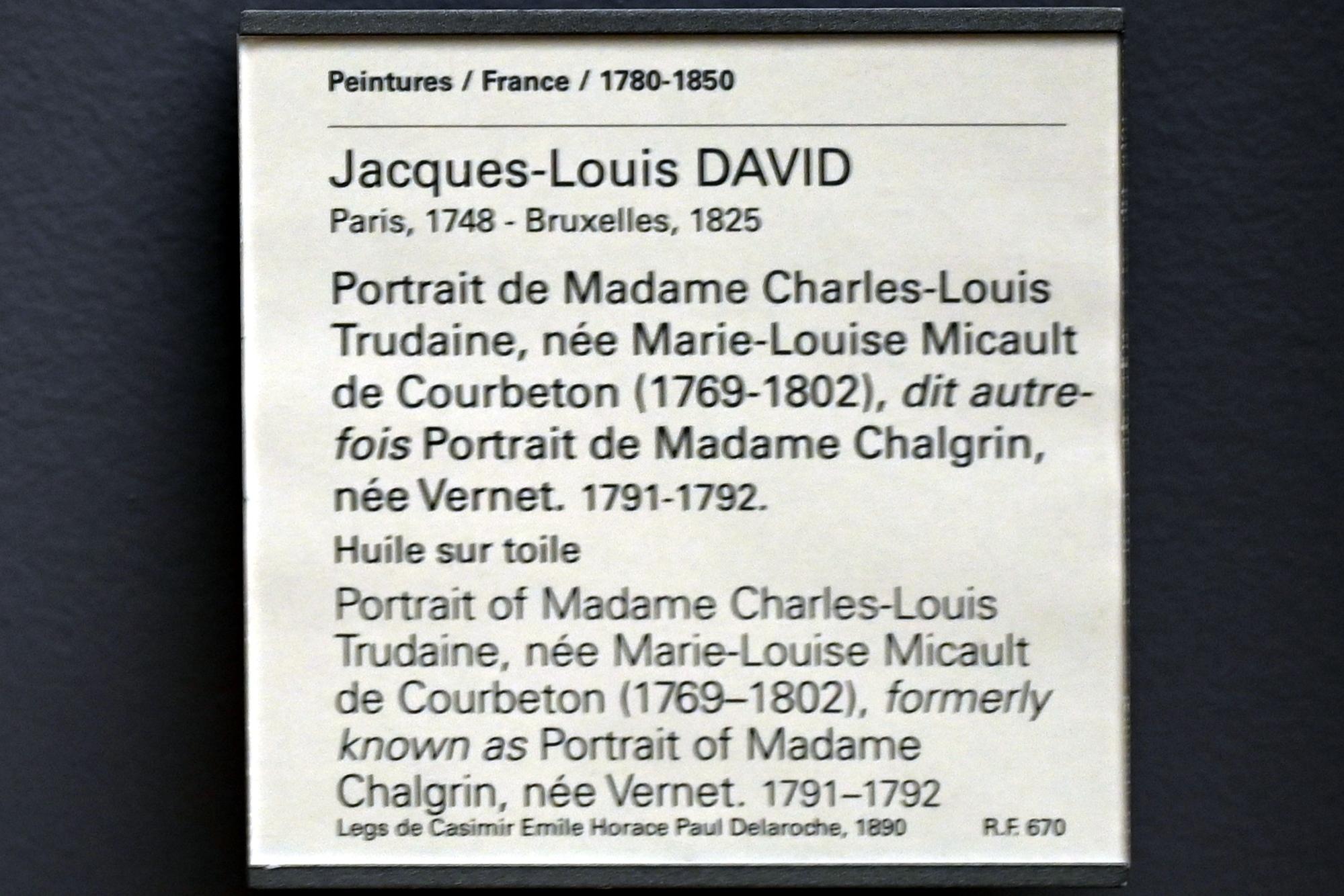 Jacques-Louis David (1782–1824), Porträt der Madame Charles-Louis Trudaine, geb. Marie-Louise Micault de Courbeton (1769-1802), früher bekannt als Porträt der Madame Chalgrin, geb. Vernet, Paris, Musée du Louvre, Saal 935, 1791–1792, Bild 2/2