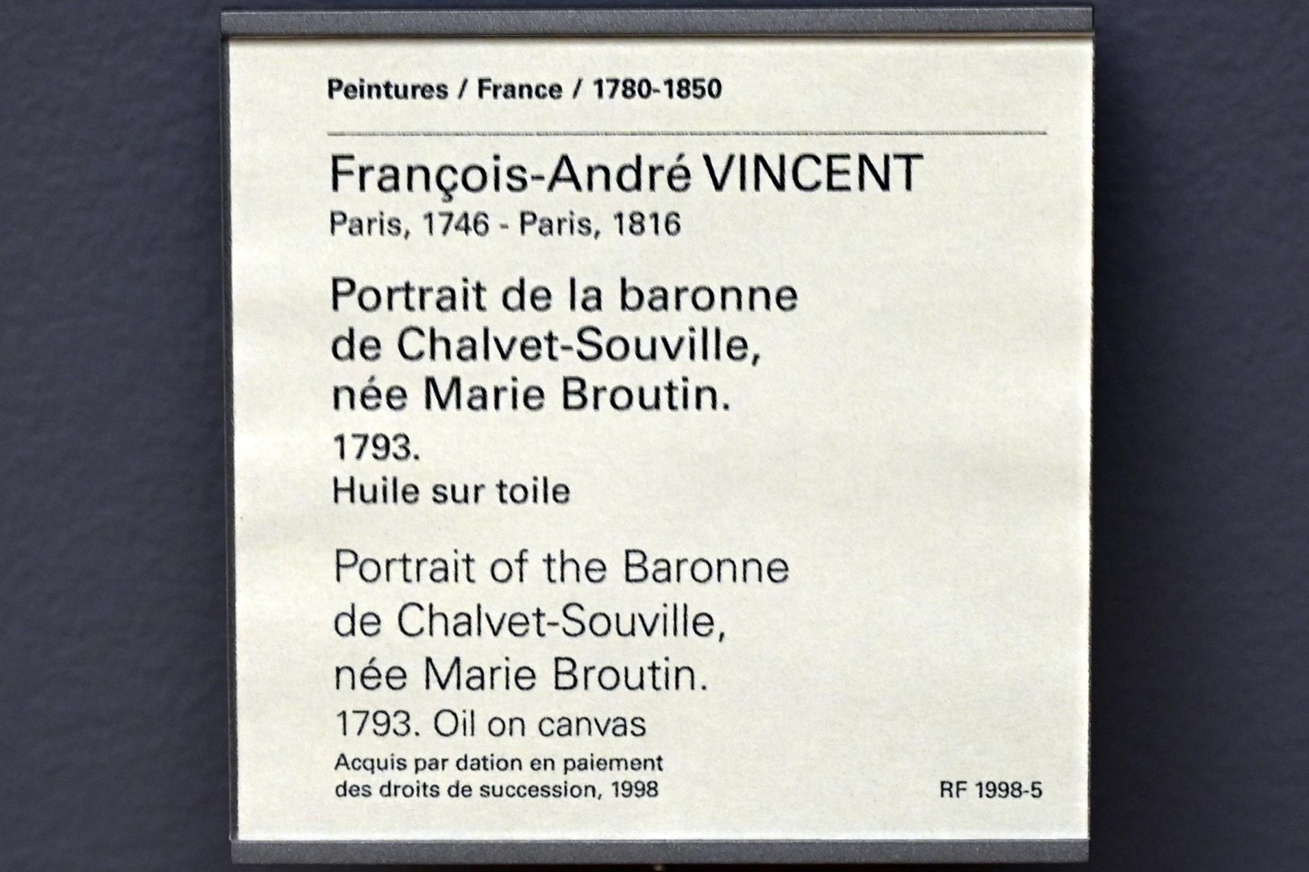 François-André Vincent (1770–1804), Porträt der Baroness de Chalvet-Souville, geb. Marie Broutin, Paris, Musée du Louvre, Saal 935, 1793, Bild 2/2