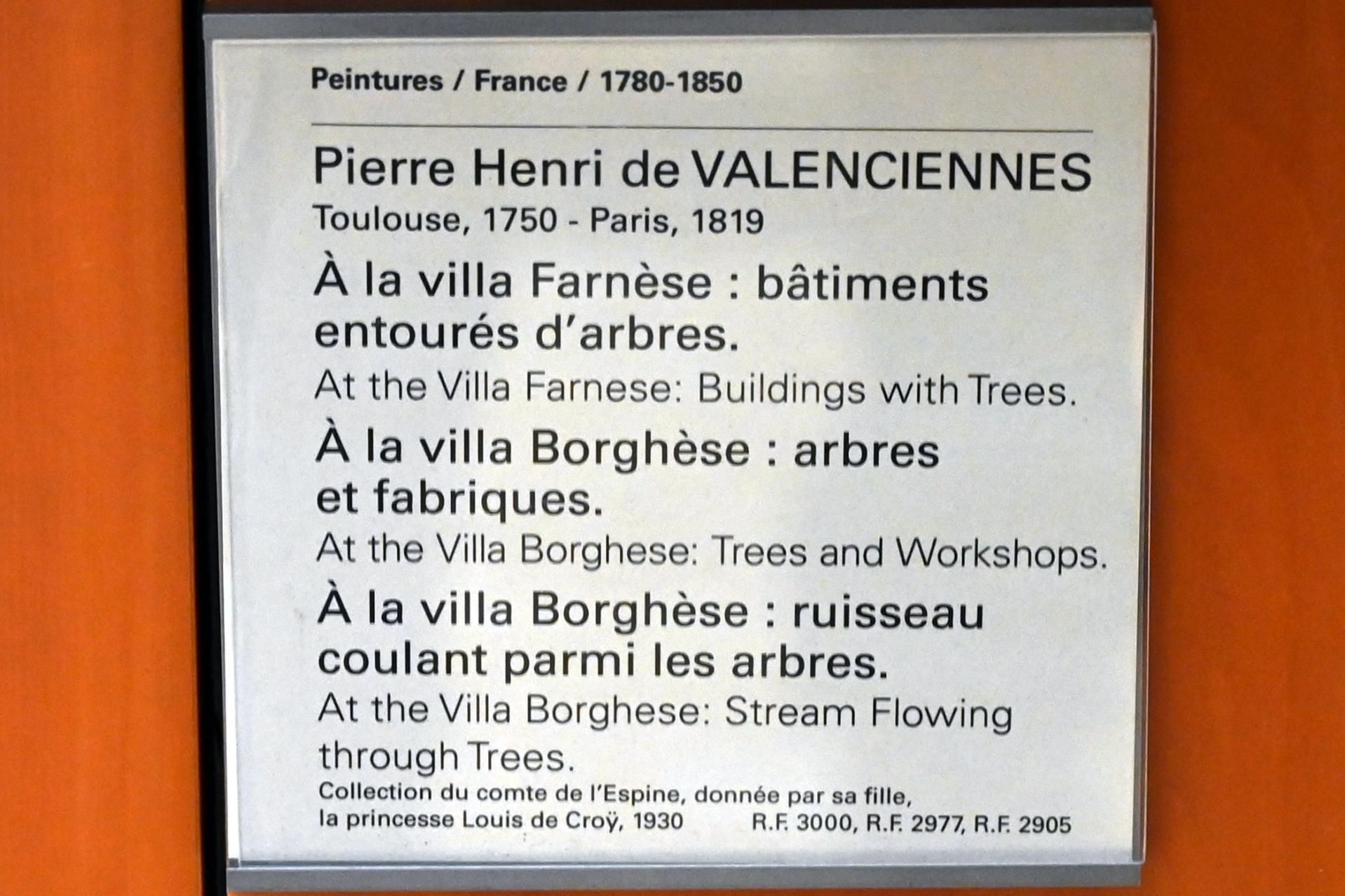 Pierre-Henri de Valenciennes (1780–1786), Bei der Villa Borghese: Fließender Bach zwischen Bäumen, Paris, Musée du Louvre, Saal 936, um 1780, Bild 2/2