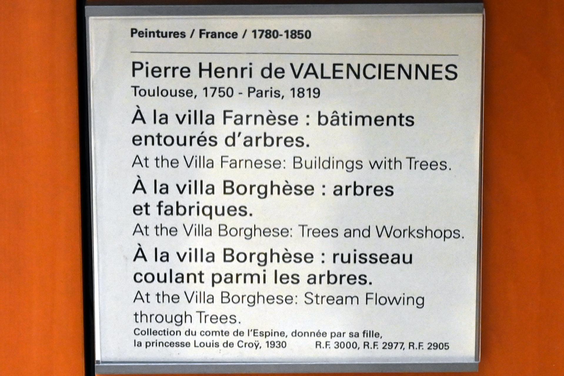 Pierre-Henri de Valenciennes (1780–1786), Bei der Villa Borghese: Fließender Bach zwischen Bäumen, Paris, Musée du Louvre, Saal 936, um 1780, Bild 2/2