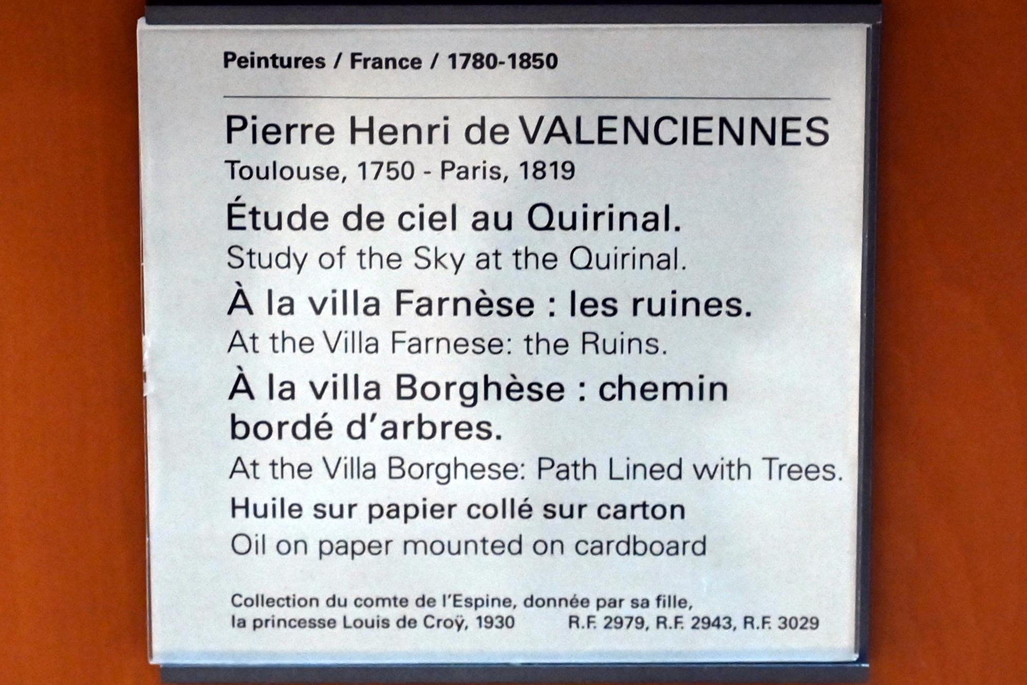 Pierre-Henri de Valenciennes (1780–1786), Bei der Villa Farnese: von Bäumen gesäumter Weg, Paris, Musée du Louvre, Saal 936, um 1780, Bild 2/2