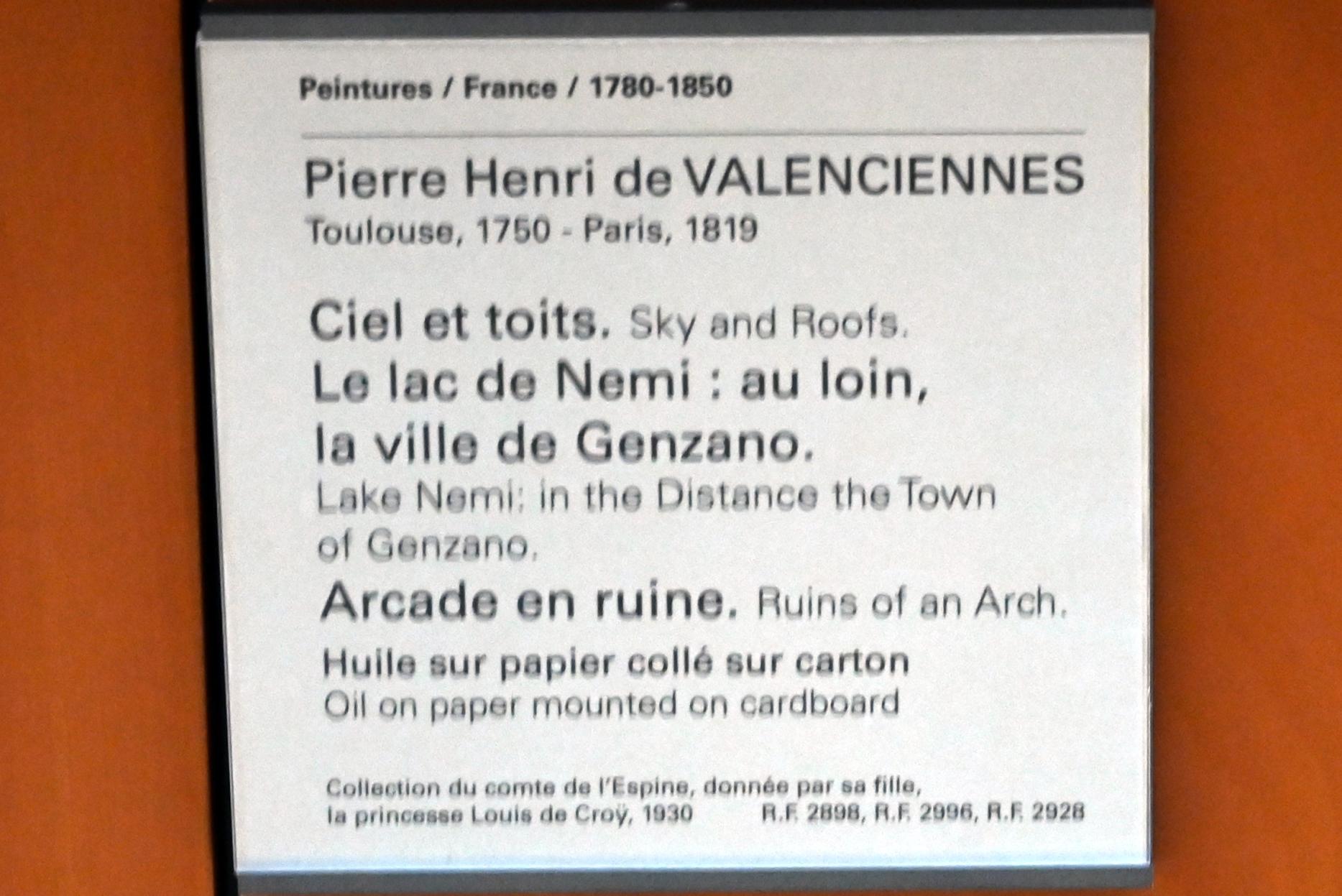 Pierre-Henri de Valenciennes (1780–1786), See Nemi: in der Ferne die Stadt Genzano, Paris, Musée du Louvre, Saal 936, um 1780, Bild 2/2