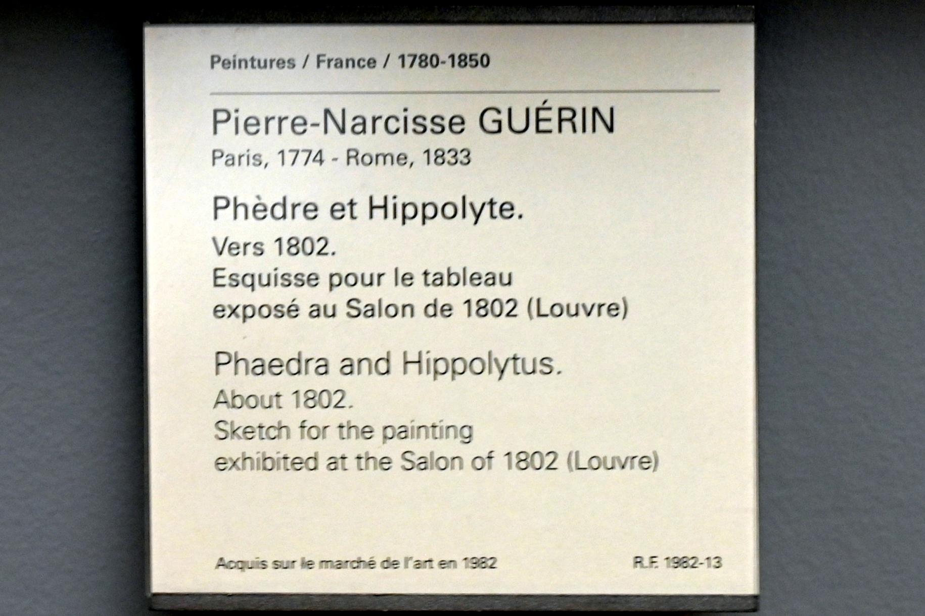 Pierre Narcisse Guérin (1798–1818), Phaidra und Hippolytos, Paris, Musée du Louvre, Saal 936, um 1802, Bild 2/2