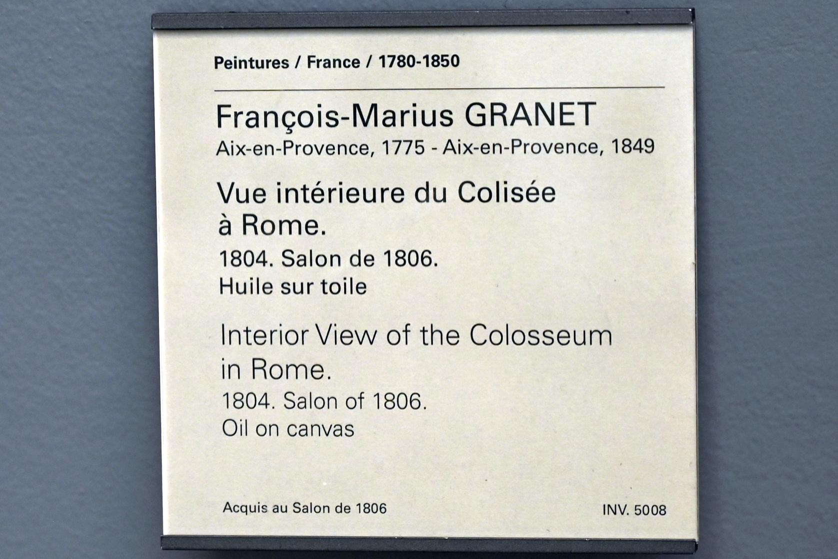 François-Marius Granet (1804–1830), Innenansicht des Kolosseums in Rom, Paris, Musée du Louvre, Saal 936, 1804, Bild 2/2