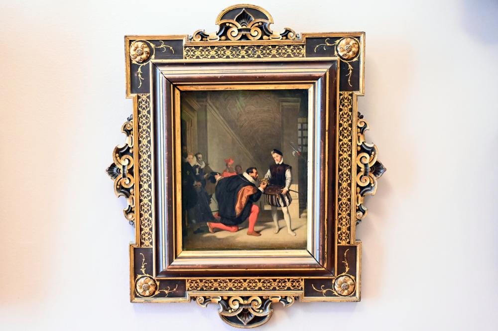 Jean-Auguste-Dominique Ingres (1805–1856), Don Pedro de Tolède, Botschafter Spaniens, küsst auf der Treppe des Louvre das Schwert Heinrichs IV. (Das Schwert Heinrichs IV.), Paris, Musée du Louvre, Saal 937, 1832, Bild 1/2