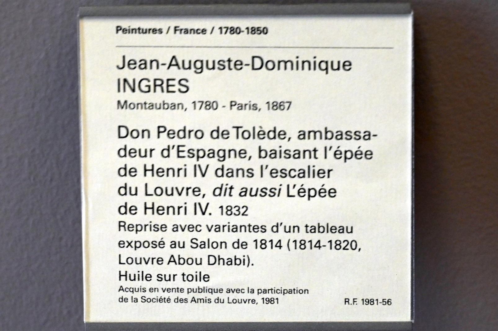 Jean-Auguste-Dominique Ingres (1805–1856), Don Pedro de Tolède, Botschafter Spaniens, küsst auf der Treppe des Louvre das Schwert Heinrichs IV. (Das Schwert Heinrichs IV.), Paris, Musée du Louvre, Saal 937, 1832, Bild 2/2
