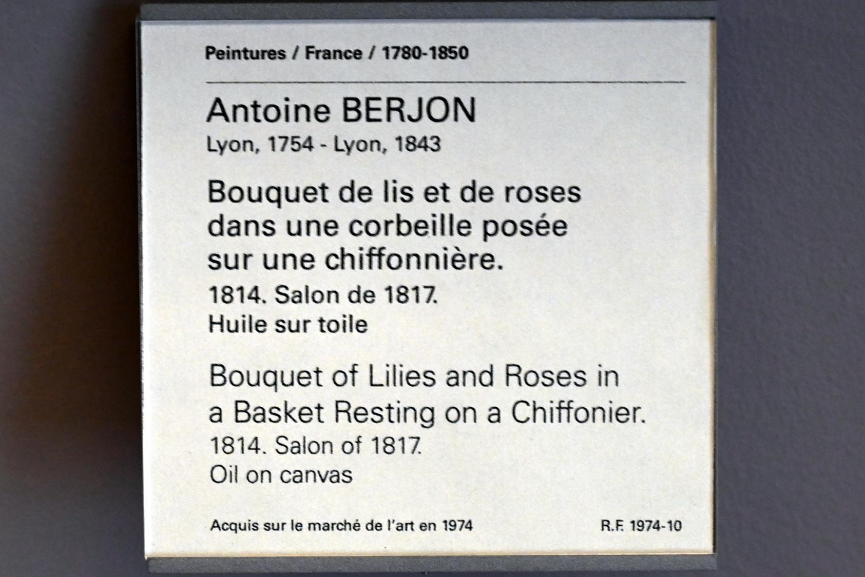 Antoine Berjon (1814), Strauß Lilien und Rosen in einem Korb auf einem Chiffonnier, Paris, Musée du Louvre, Saal 937, 1814, Bild 2/2