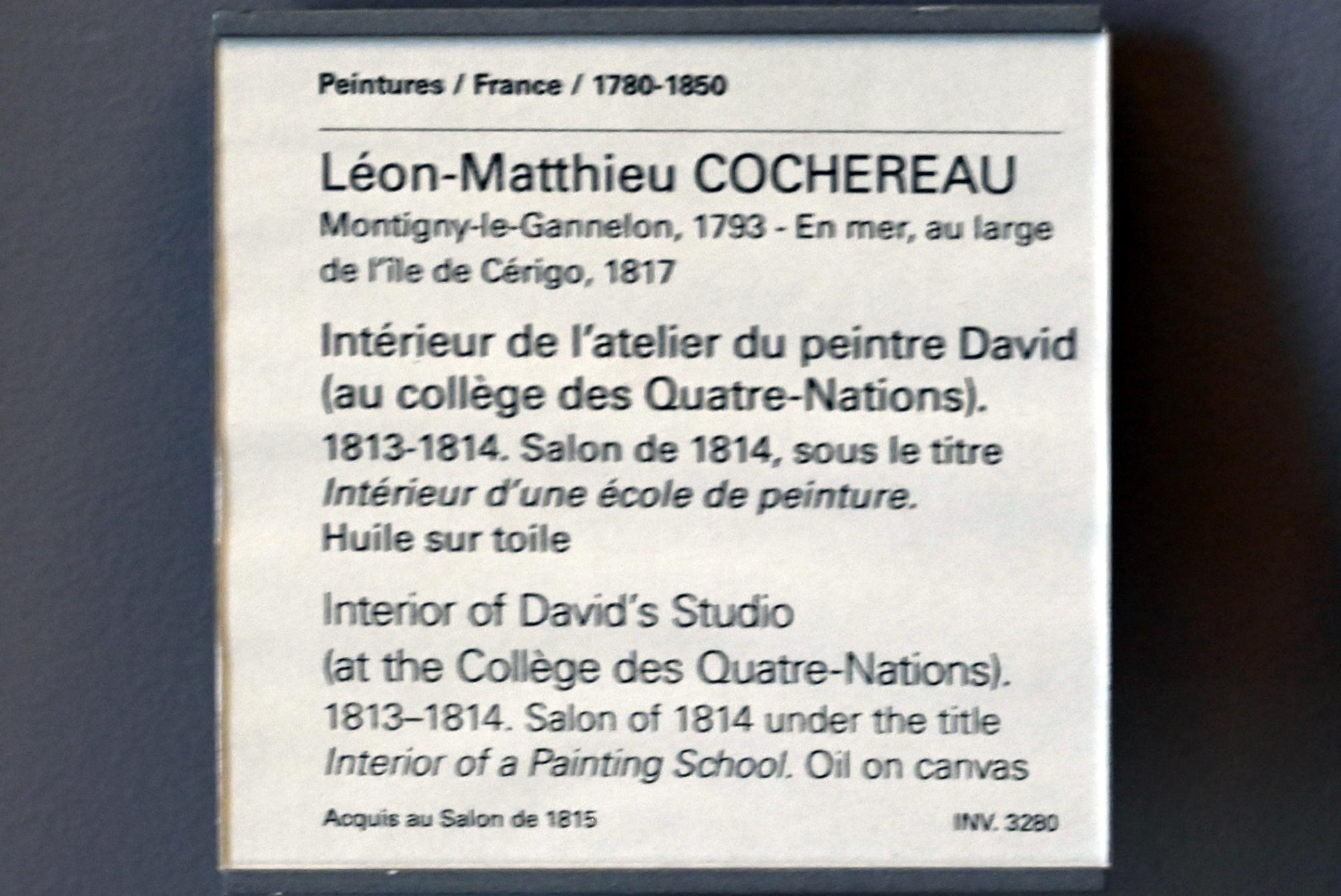Léon Matthieu Cochereau (1813), Innenraum des Ateliers des Malers David (im Collège des Quatre-Nations), Paris, Musée du Louvre, Saal 938, 1813–1814, Bild 2/2