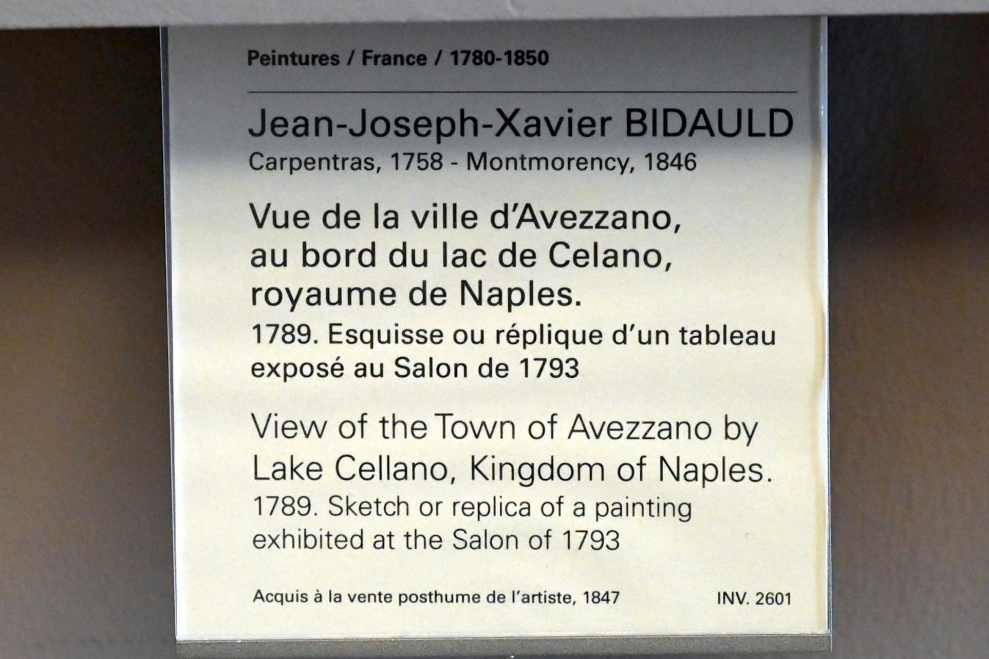 Jean-Joseph-Xavier Bidauld (1788–1818), Blick auf die Stadt Avezzano am Cellano-See, Königreich Neapel, Paris, Musée du Louvre, Saal 939, 1789, Bild 2/2