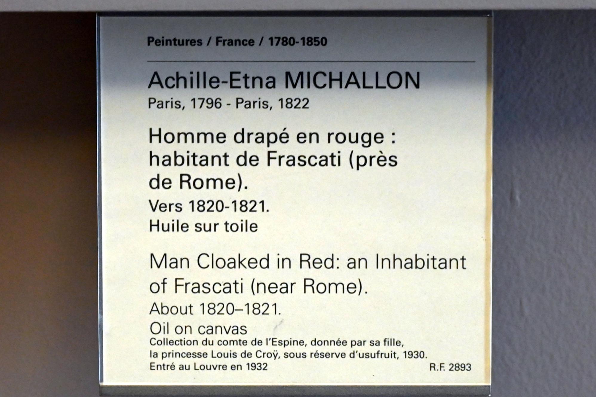 Achille Etna Michallon (1816–1822), In Rot gehüllter Mann: Einwohner von Frascati (bei Rom), Paris, Musée du Louvre, Saal 939, um 1820–1821, Bild 2/2