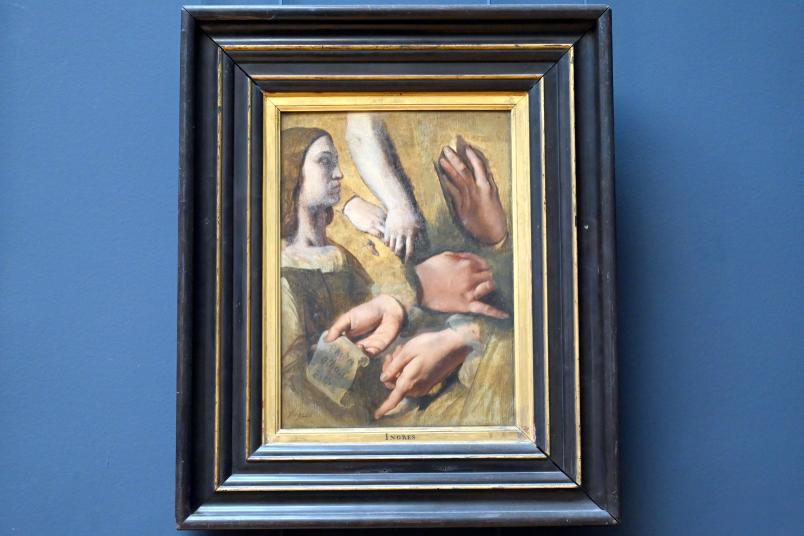 Jean-Auguste-Dominique Ingres (1805–1856), Studien zur Apotheose von Homer (1827, Louvre): Profil und Hände von Raffael, Hände von Apelles, Racine und Poussin, Paris, Musée du Louvre, Saal 940, 1826–1827