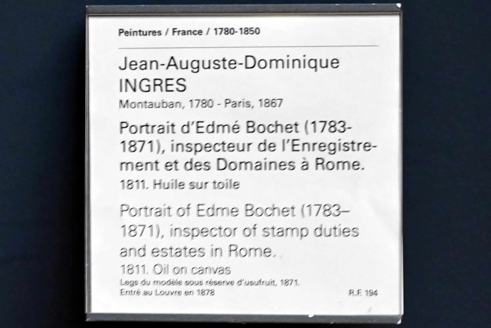 Jean-Auguste-Dominique Ingres (1805–1856), Porträt des Edme Bochet (1783–1871), Inspektor für Stempelsteuern und Nachlässe in Rom, Paris, Musée du Louvre, Saal 940, 1811, Bild 2/2