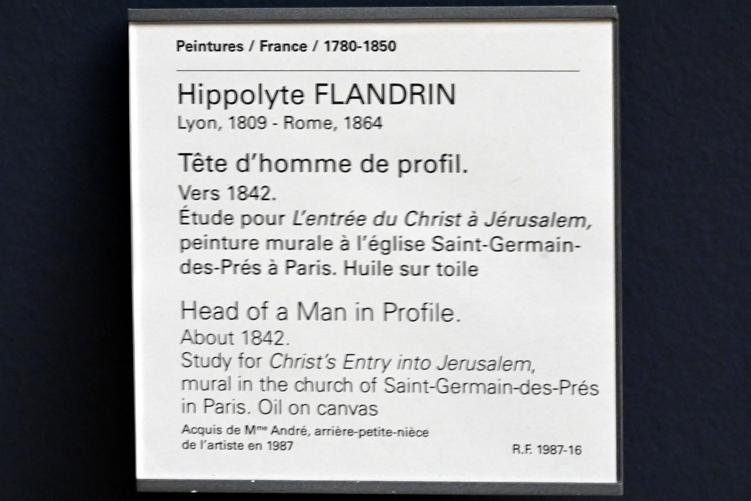 Hippolyte Flandrin (1842–1863), Männlicher Kopf in Profil, Paris, Abtei Saint-Germain-des-Prés, jetzt Paris, Musée du Louvre, Saal 940, um 1842, Bild 2/2