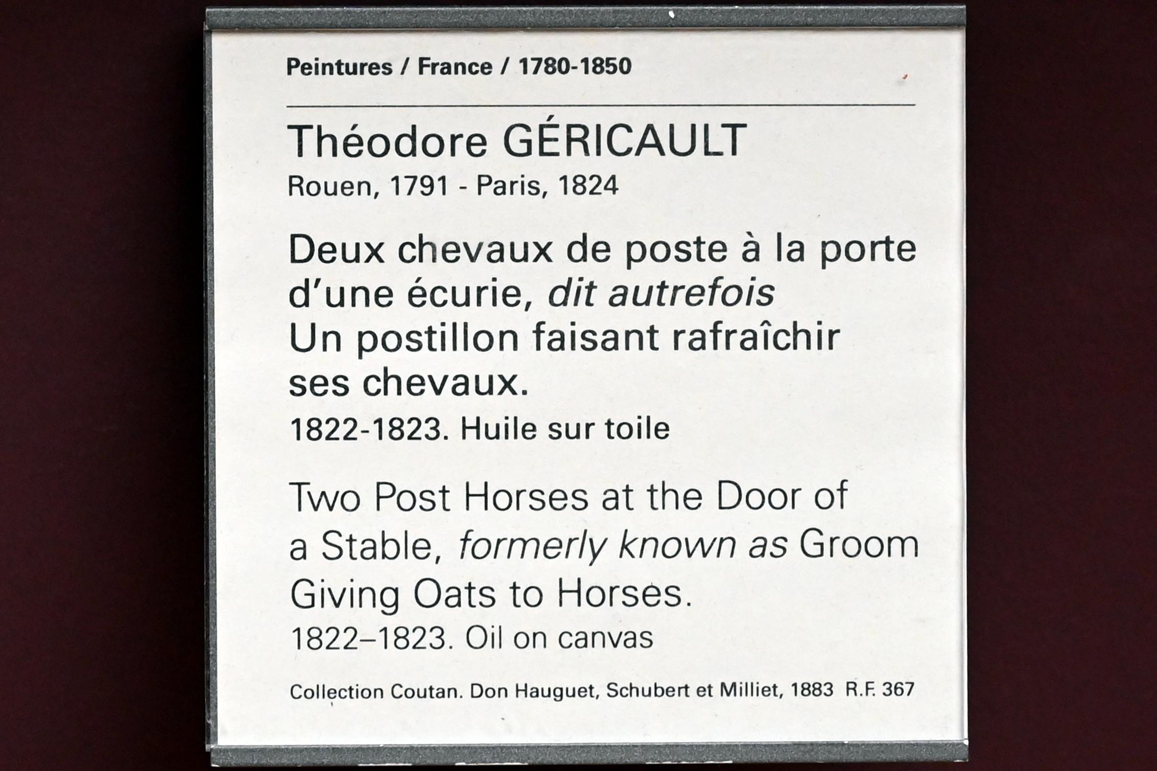 Théodore Géricault (1811–1822), Zwei Postpferde an der Tür eines Stalls (Postillion, der seine Pferde erfrischt), Paris, Musée du Louvre, Saal 941, 1822–1823, Bild 2/2